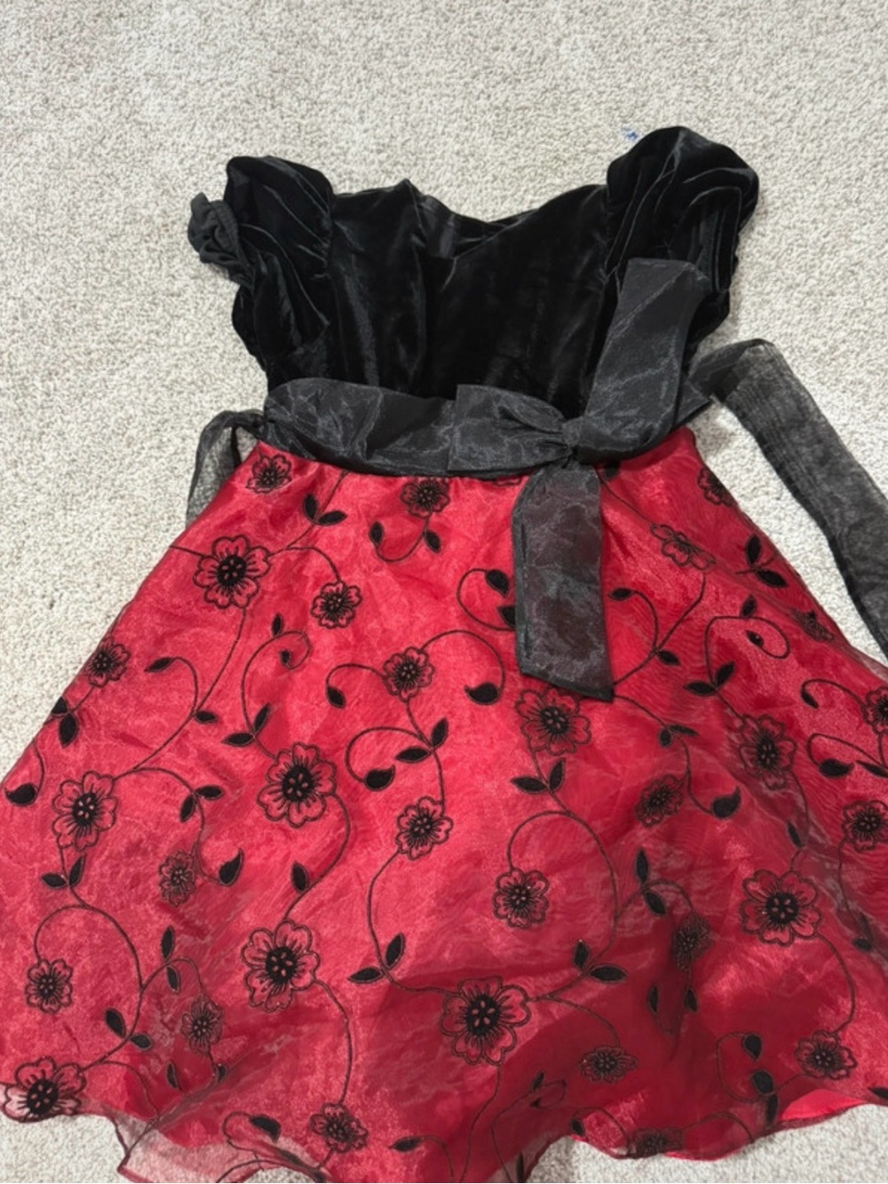 Source Unknown Black Velvet Bodice with Red Floral Overlay Girls Dress